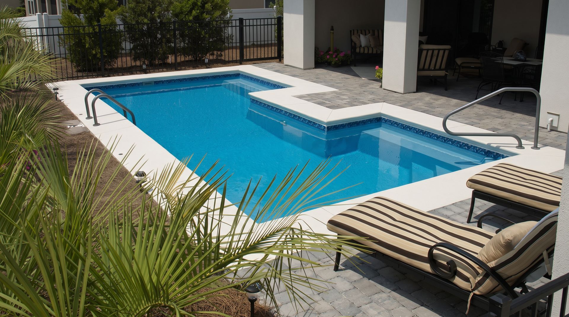 Blue swimming pool with lounge chairs on a sunny patio