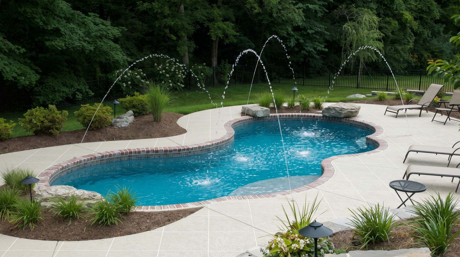 Backyard swimming pool with arcing fountains, white deck, lounge chairs, and lush greenery