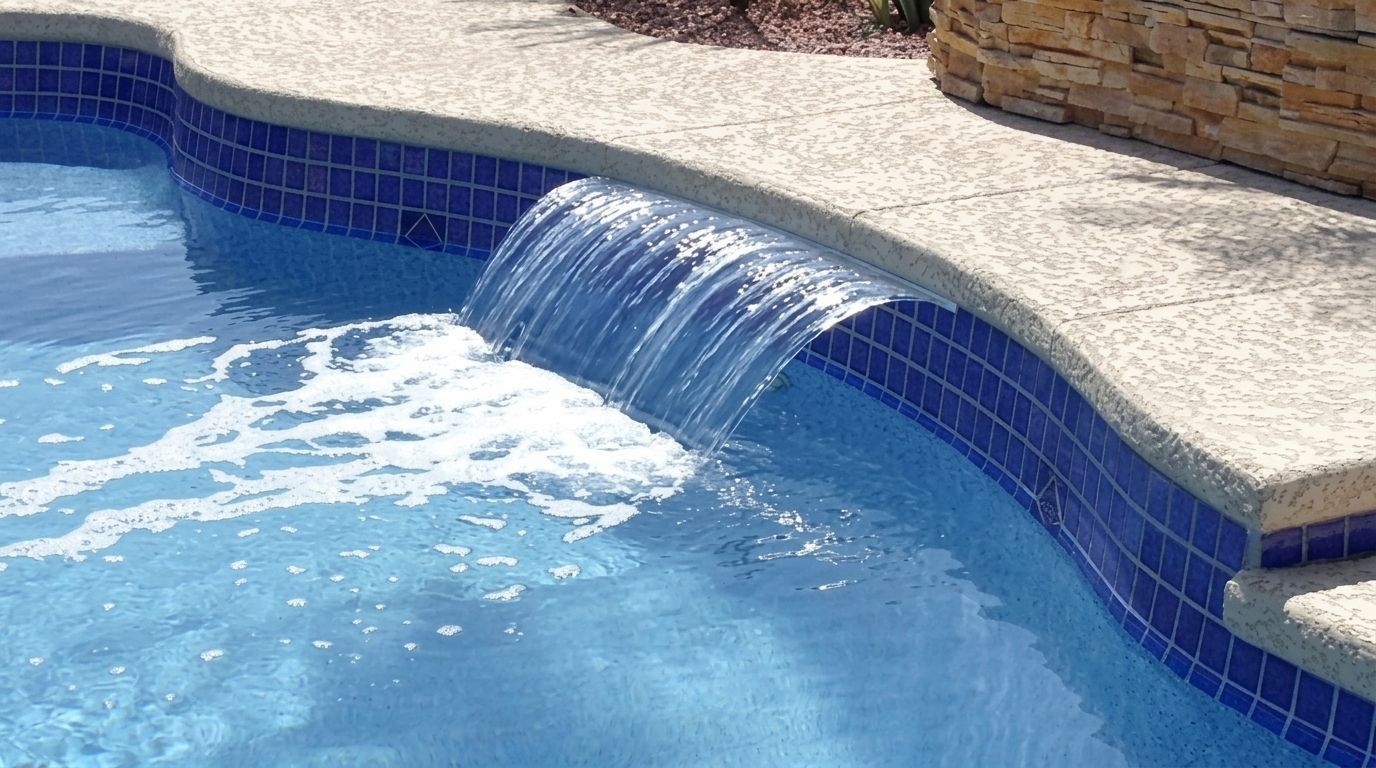 Backyard pool waterfall spilling into clear blue water beside beige stone coping