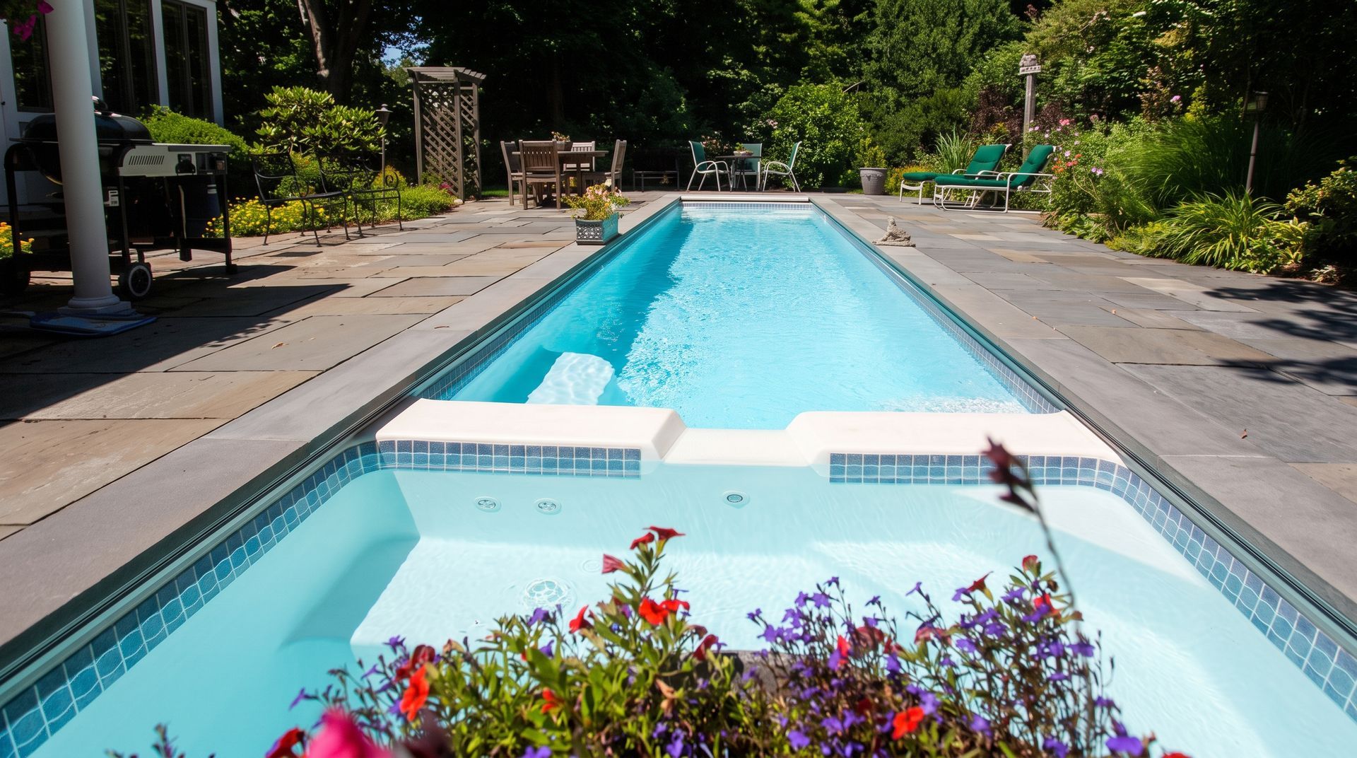 Sunny resort pool with turquoise water, flowers in front, and lounge chairs along the deck