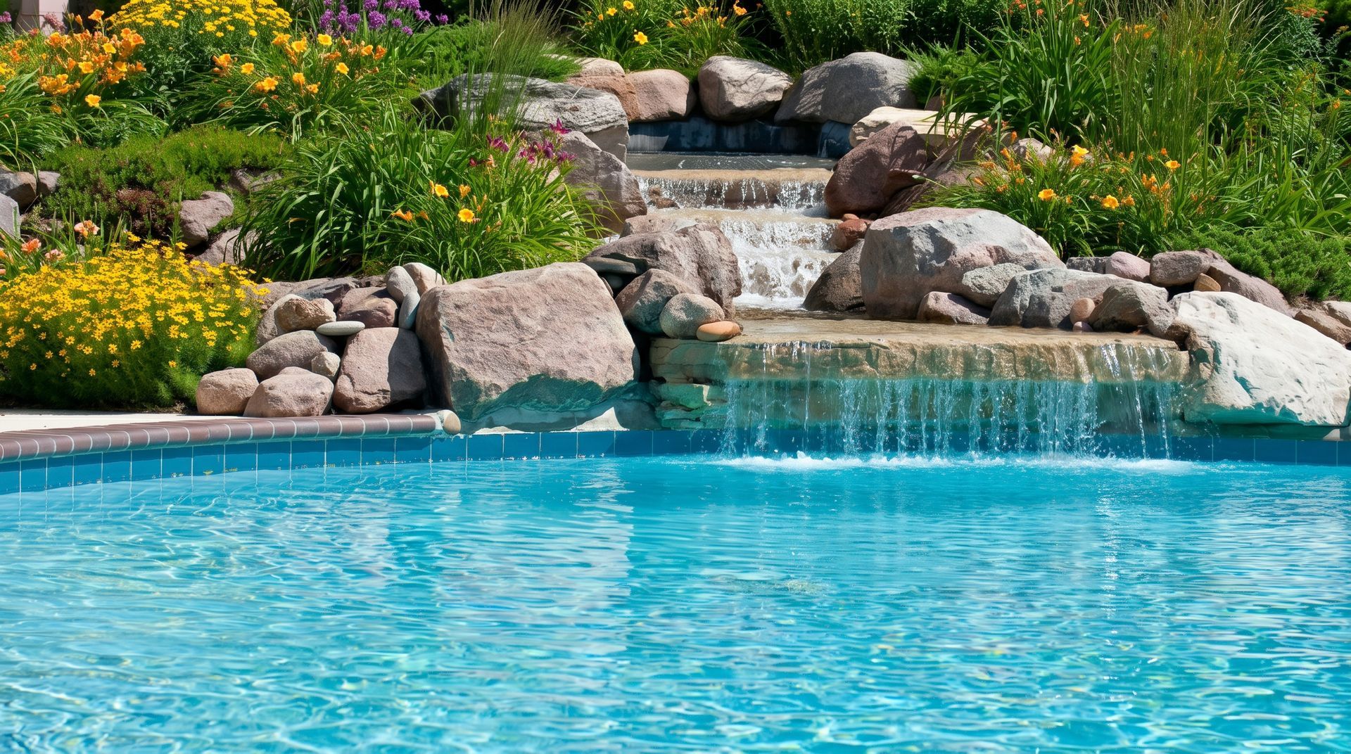 Backyard pool with turquoise water and a small waterfall amid rocks and flowers