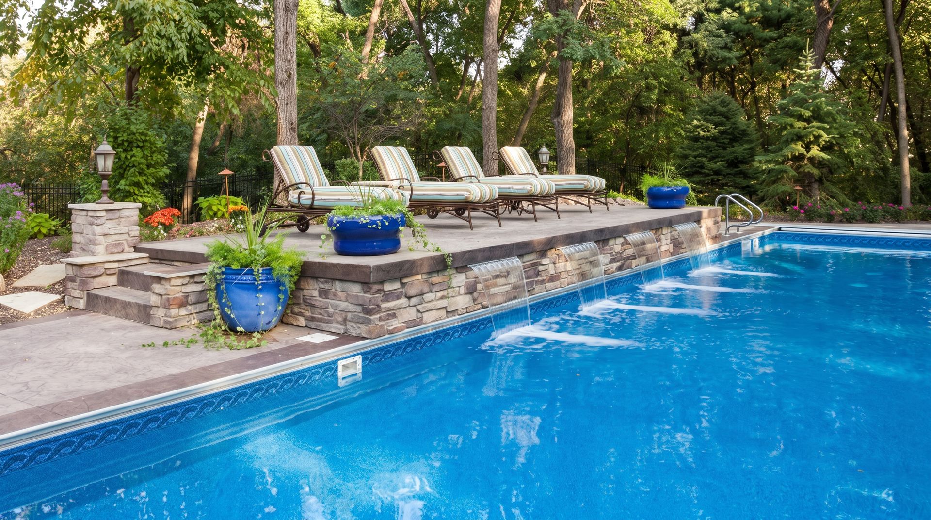Backyard swimming pool with stone patio, blue water, lounge chairs, and potted plants