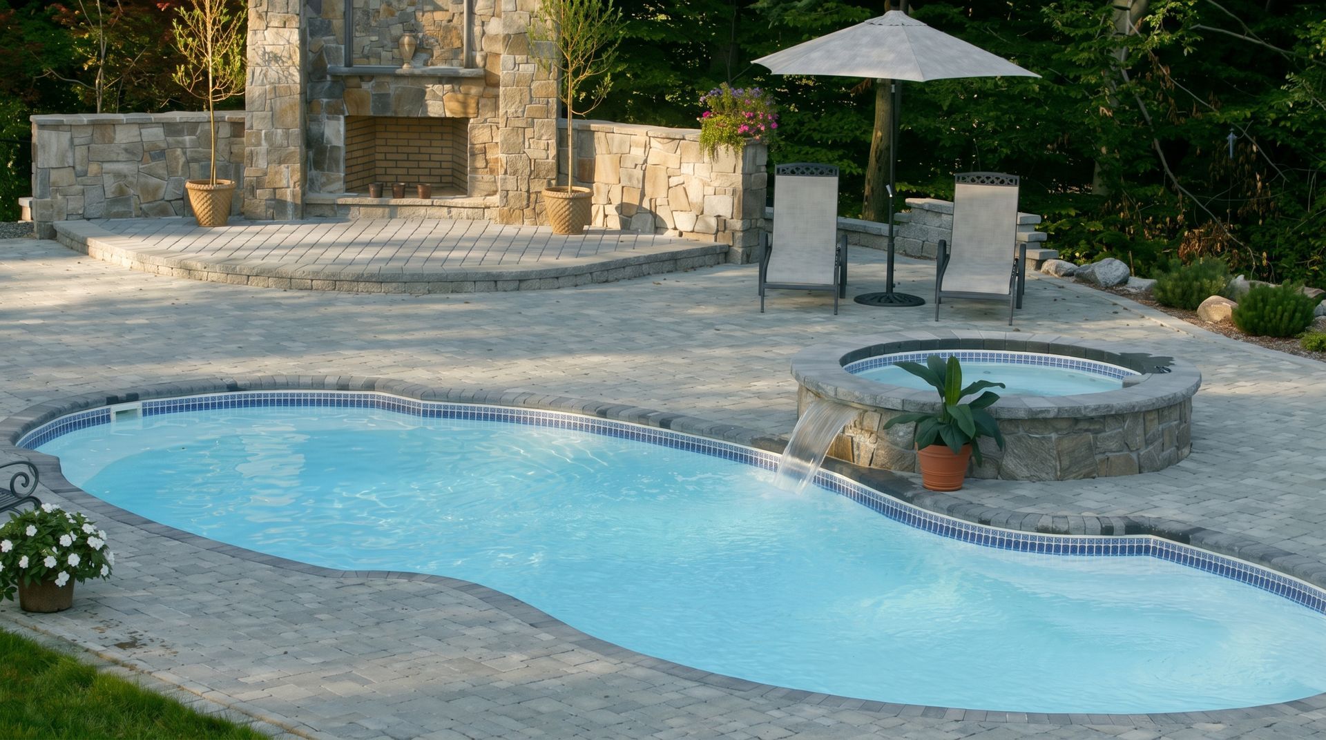 Stone hot tub with blue water set in a rock garden beside a green lawn