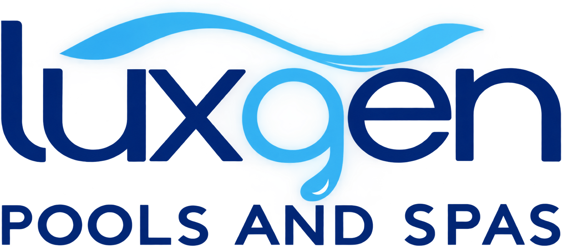 Luxgen Pools and Spas logo in blue and navy text with a wave graphic above