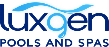 Luxgen Pools and Spas logo in blue and navy text with a wave graphic above