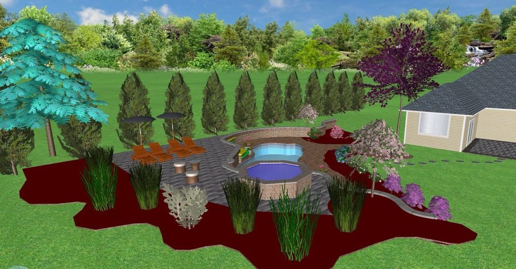 Colorful landscaped garden with pond, shrubs, trees, and a house on the right