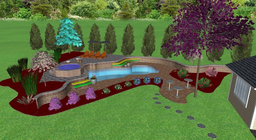 Backyard garden design with curved stone steps, pond, trees, and a patio beside a house