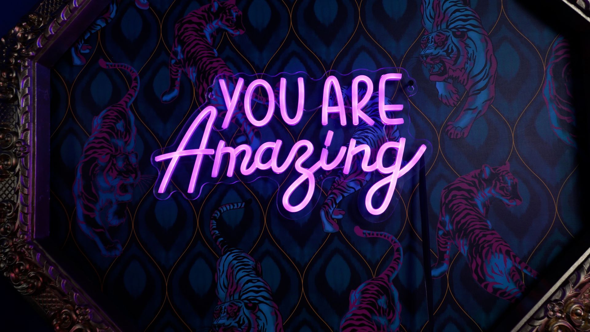 Neon pink text reading “YOU ARE Amazing” on a dark patterned background.