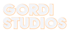Orange outlined “GORDI STUDIOS” text logo on a white background