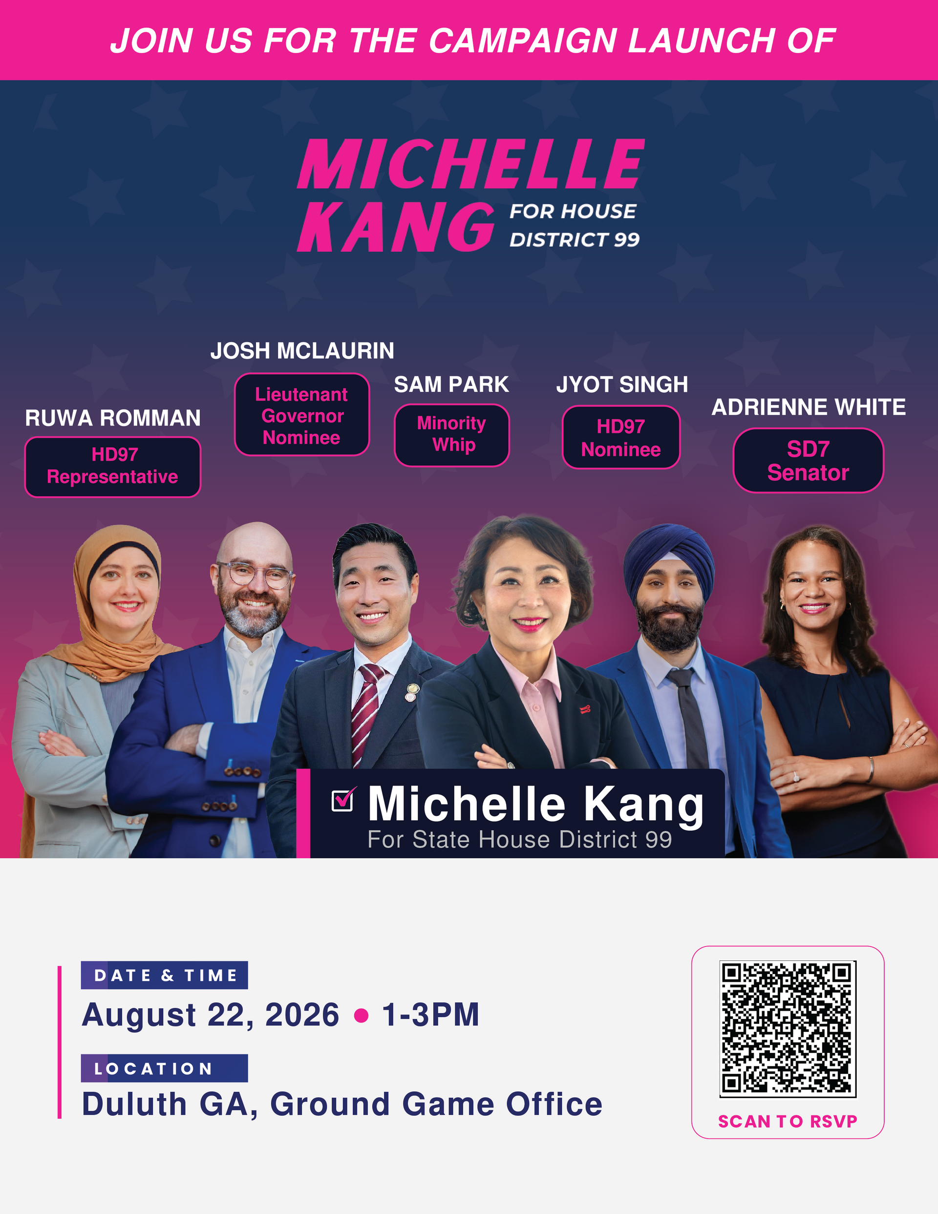 Campaign launch poster for Michelle Kang, with candidates and event details in purple and pink.