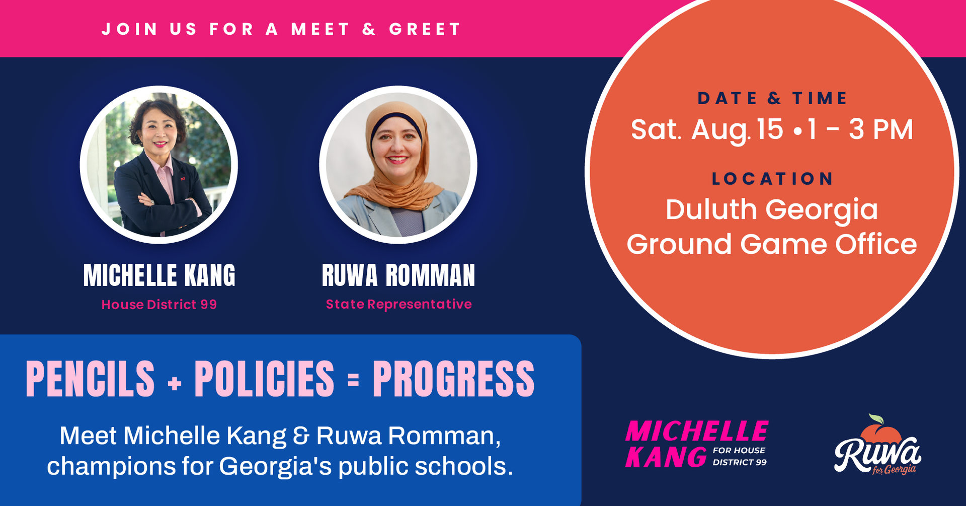 Meet-and-greet flyer with Michelle Kanu and Ruwa Romman, Aug. 15, 1–3 PM, Duluth Georgia Ground Game Office.