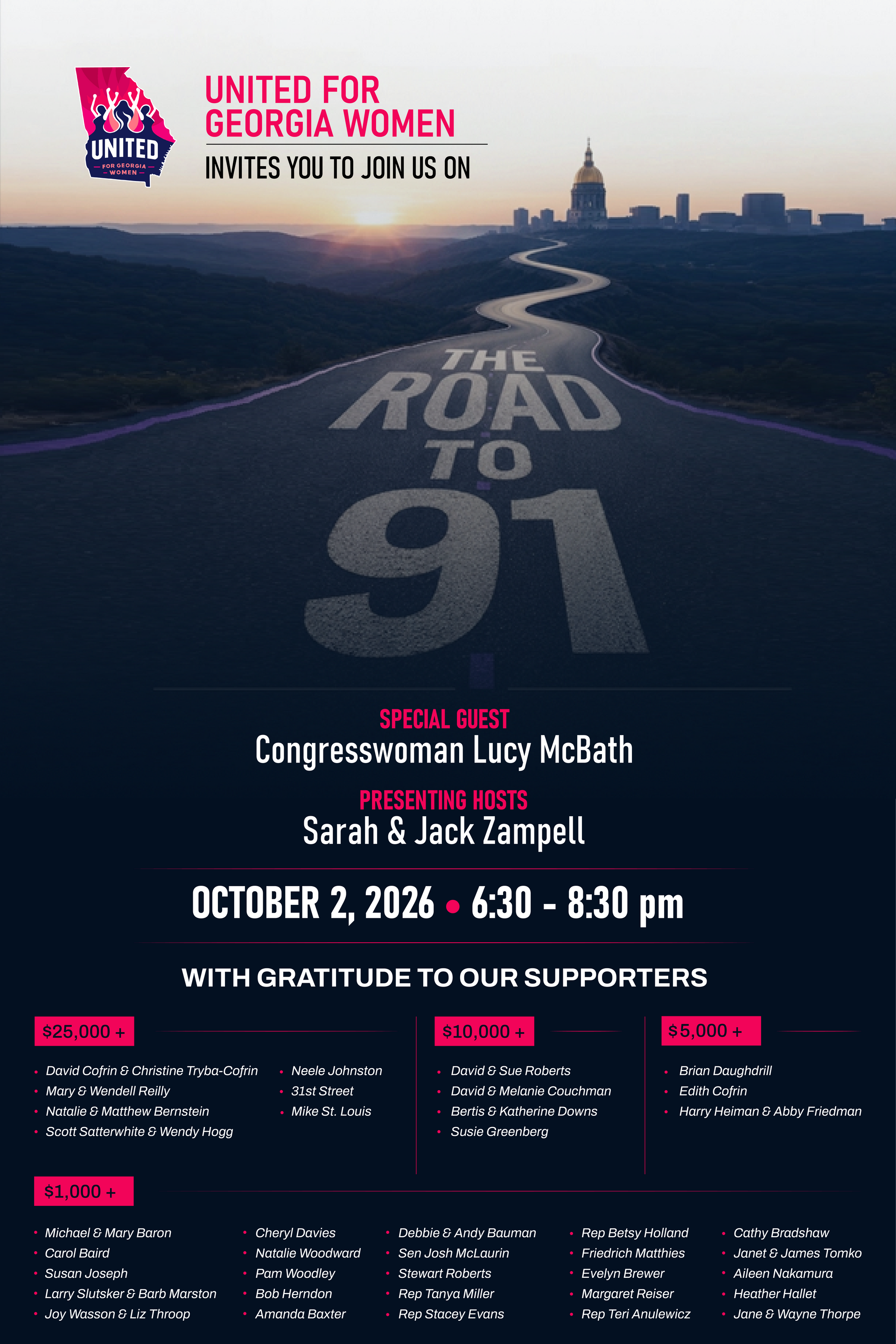 Road to 91 charity run poster with event details, city skyline, and United for Georgia Women logo.