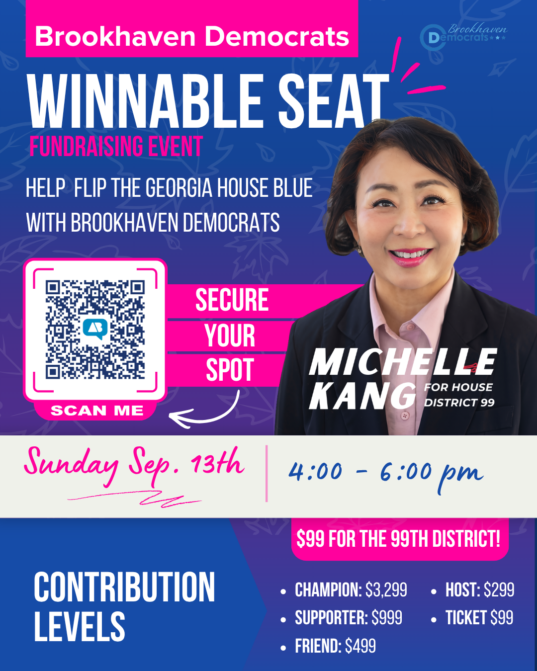Brookhaven Democrats fundraiser event flyer with Michelle Kang, date, time, QR code, and contribution levels
