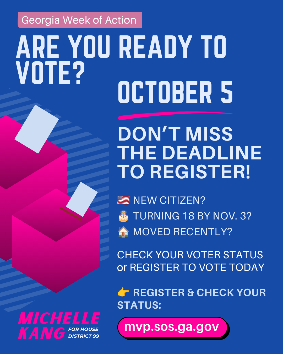 Georgia Week of Action voter registration flyer, blue and pink, urging: Are you ready to vote? October 5 deadline.