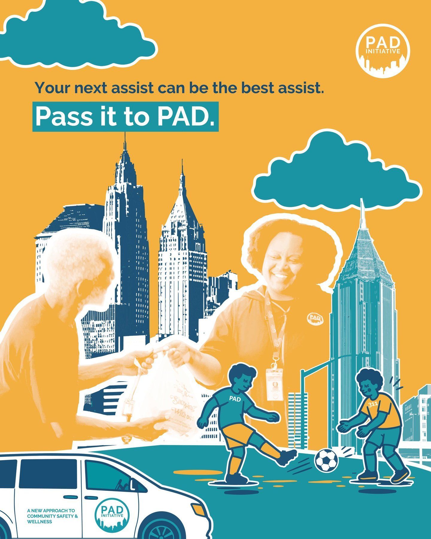 Promotional poster for PAD: hospice nurse hands off care, with city skyline and soccer players below.