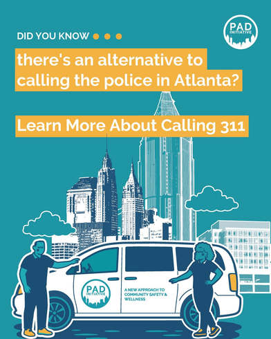 Atlanta 311 promo: text says call 311 instead of police, with city skyline and service van illustration