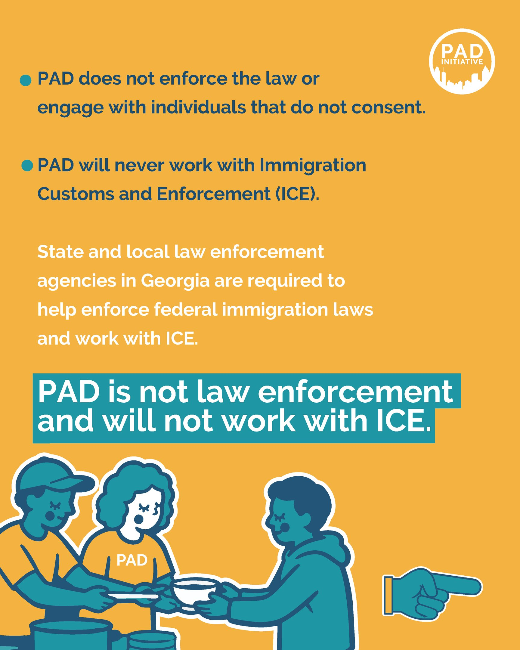 Orange PAD poster stating it won't enforce immigration laws or work with ICE, with people and hand icon.