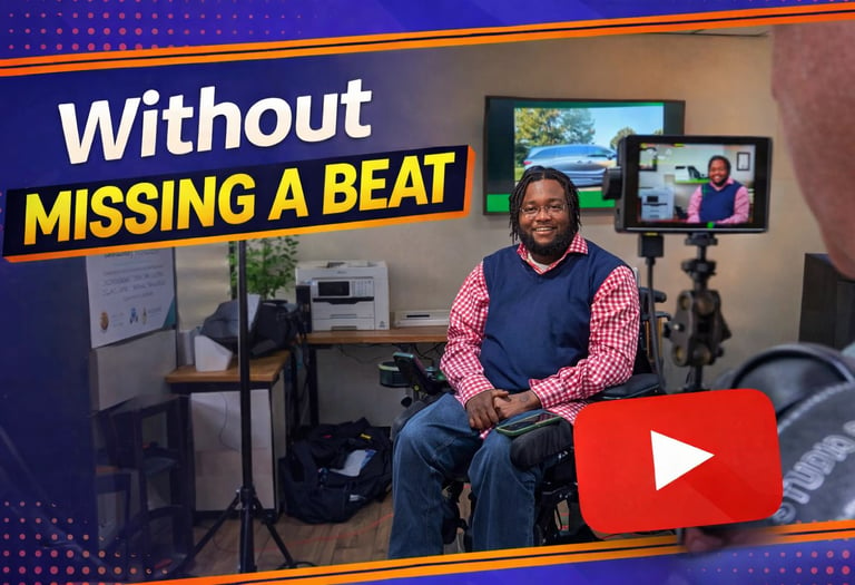 Man in pink vest sits in podcast studio beside monitor and YouTube play icon, with “Without Missing a Beat” text