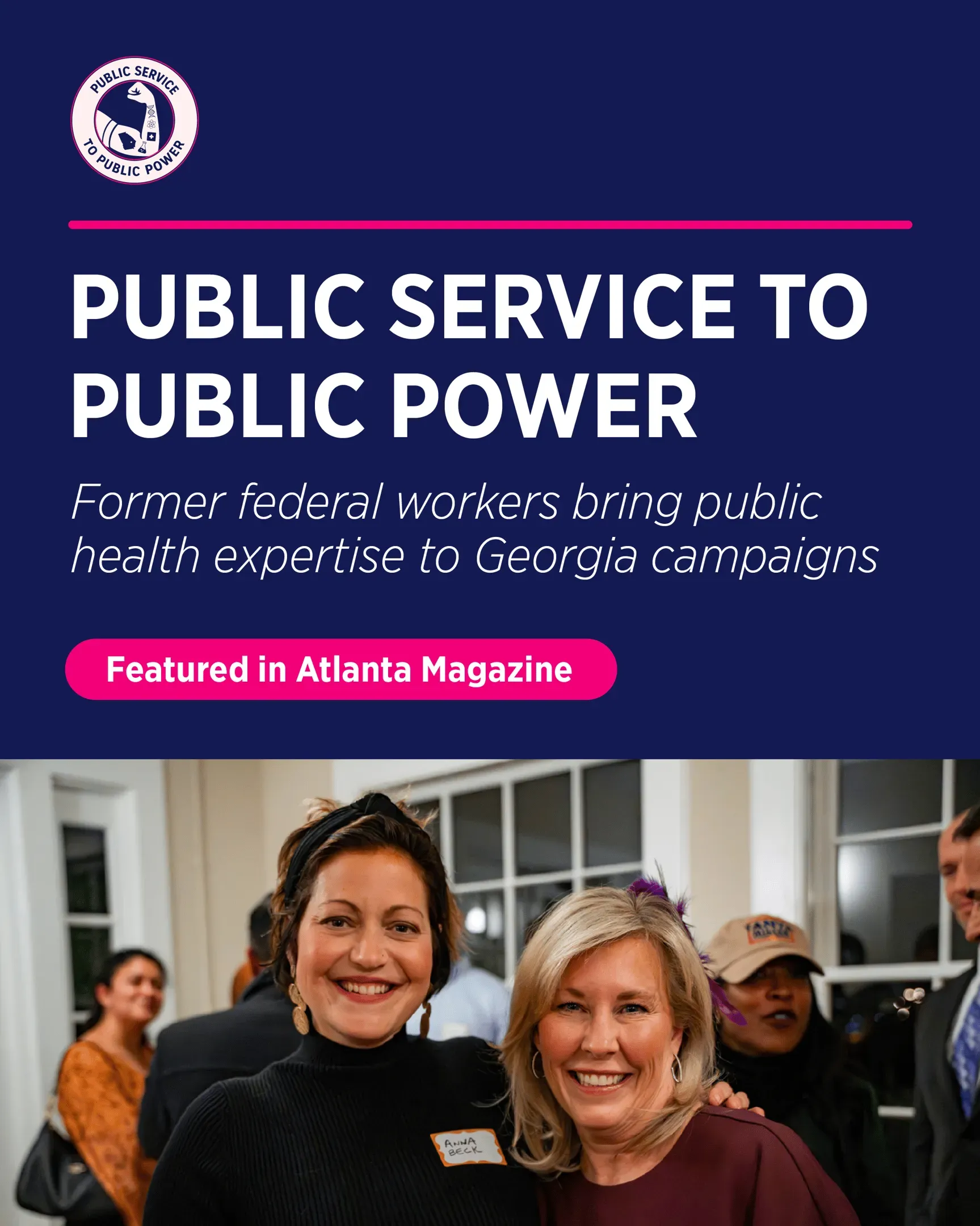 Public service to public power poster with two smiling women at an event, purple background, featured in Atlanta Magazine