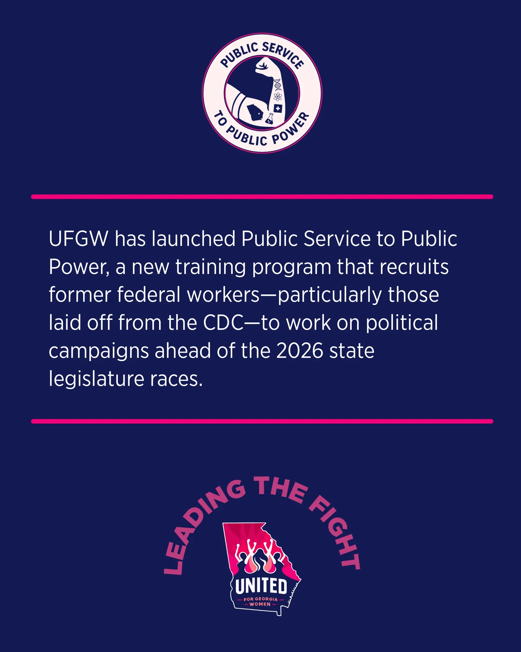 Dark blue government slide announcing a public power service launch, with white text and pink divider lines.