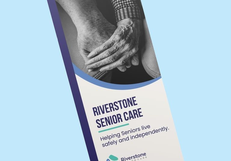 Riverstone Senior Care brochure with black-and-white hands photo and blue border