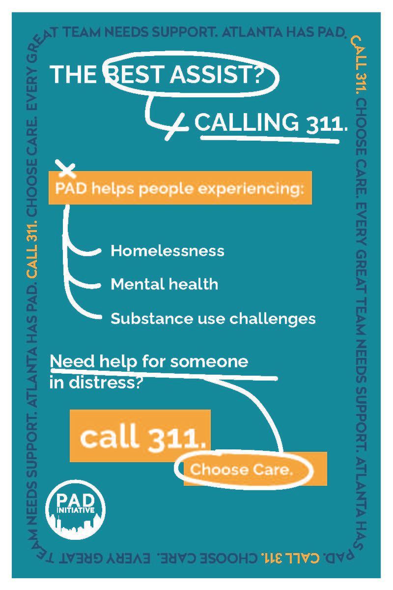 Blue flyer for Atlanta's 311 service offering help for homelessness, mental health, and substance use challenges.