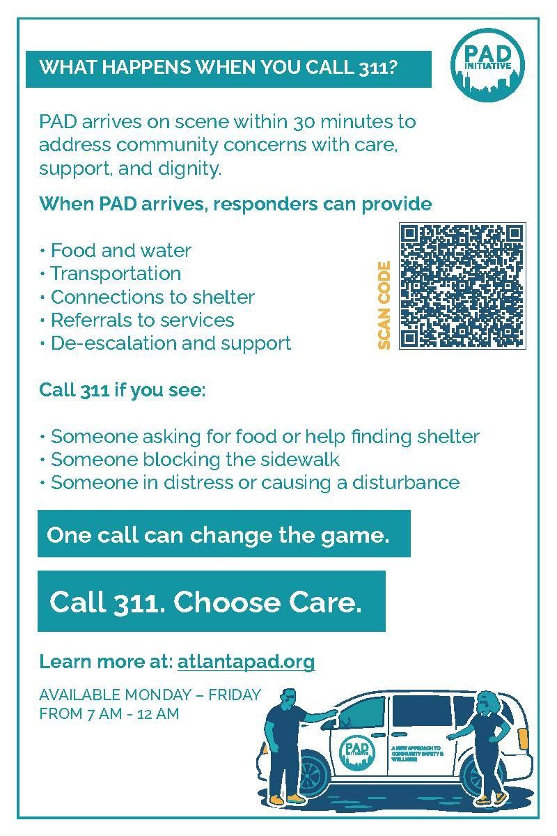 Blue-and-white ADL brochure promoting 311 for anti-semitic and hate incidents, with QR code and car illustration.