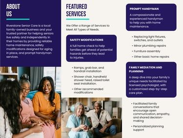 Brochure with “About Us” and “Featured Services” panels, photos, and lists on a purple-and-white design