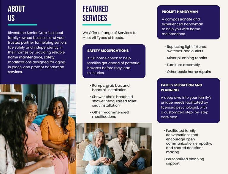 Brochure page with services and mental health support text, plus photos of people in a counseling setting