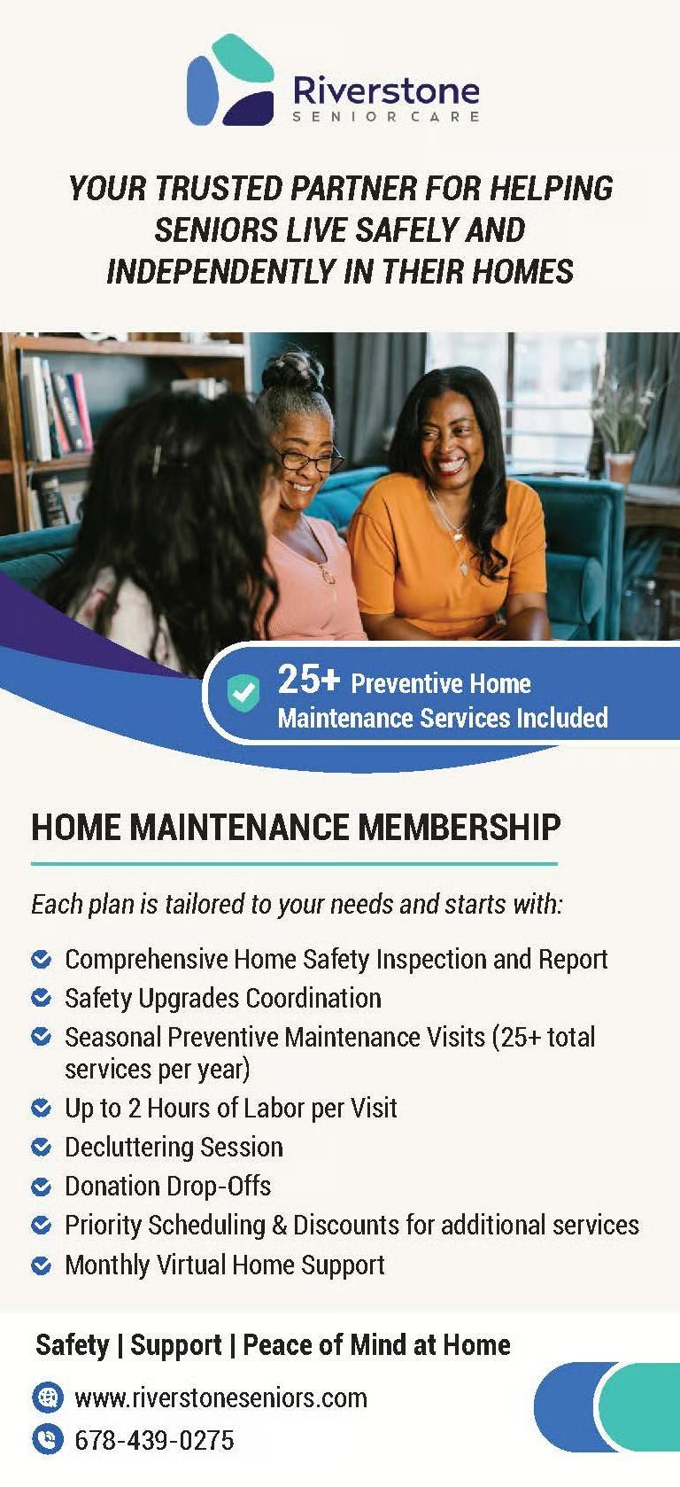 Riverstone promo flyer for home maintenance membership, blue and white, with service checklist and 25% discount badge