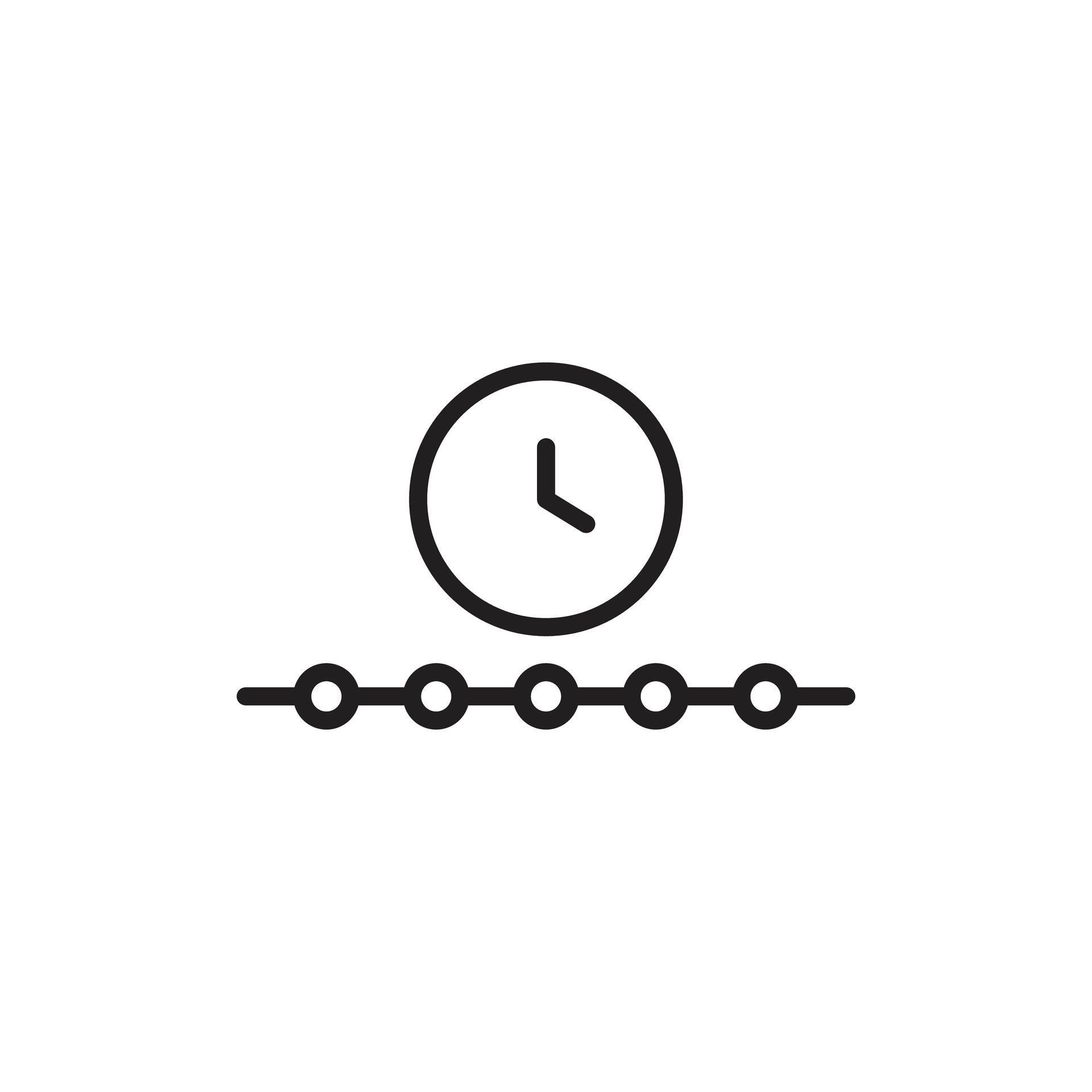 A clock icon centered above a horizontal line containing five evenly spaced dots.