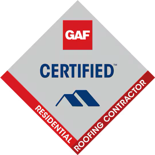 A diamond-shaped GAF Certified Residential Roofing Contractor logo with red and blue text on a gray background.