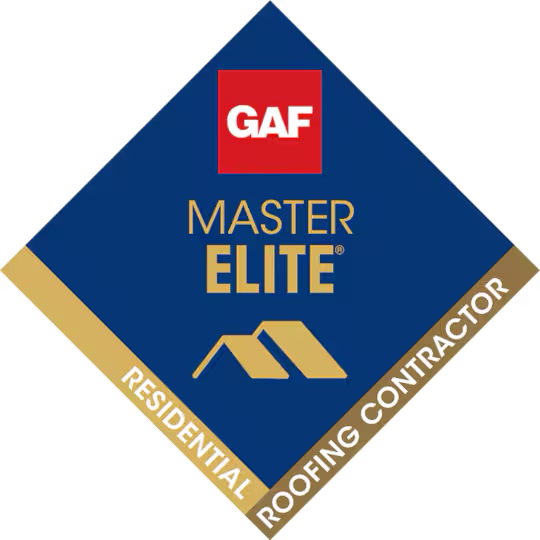 A blue diamond-shaped GAF Master Elite Residential Roofing Contractor logo with gold text and a gold roof icon.