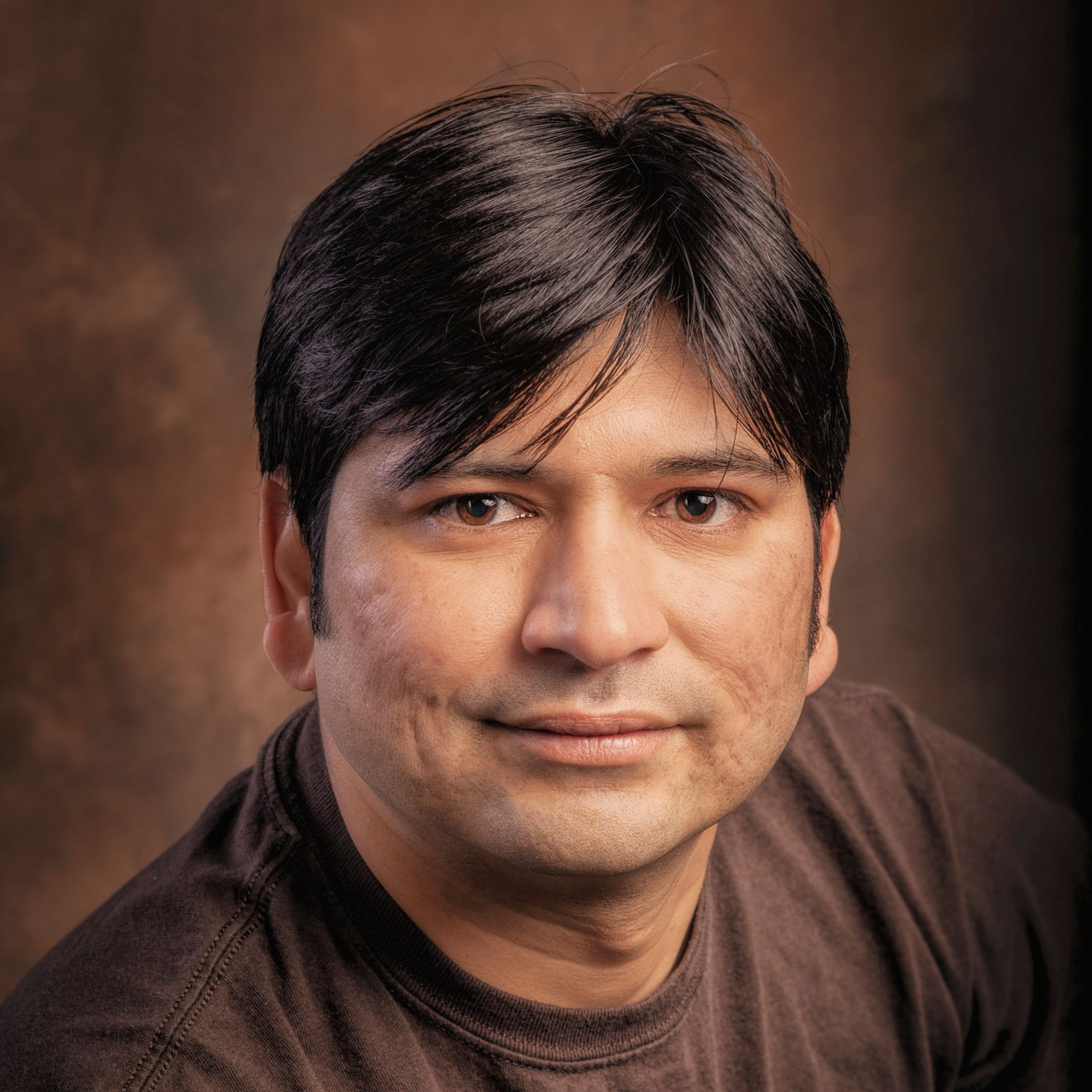 A headshot of a person with dark hair, wearing a brown shirt, looking forward with a neutral expression against a brown backdrop.