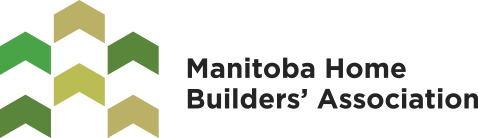 Logo for the Manitoba Home Builders' Association featuring a graphic of stacked, green and tan arrows next to the text.
