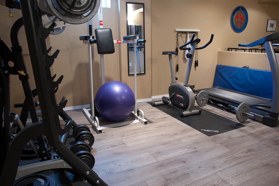 A home gym featuring a pull-up station with a purple exercise ball, a stationary bike, and a treadmill.