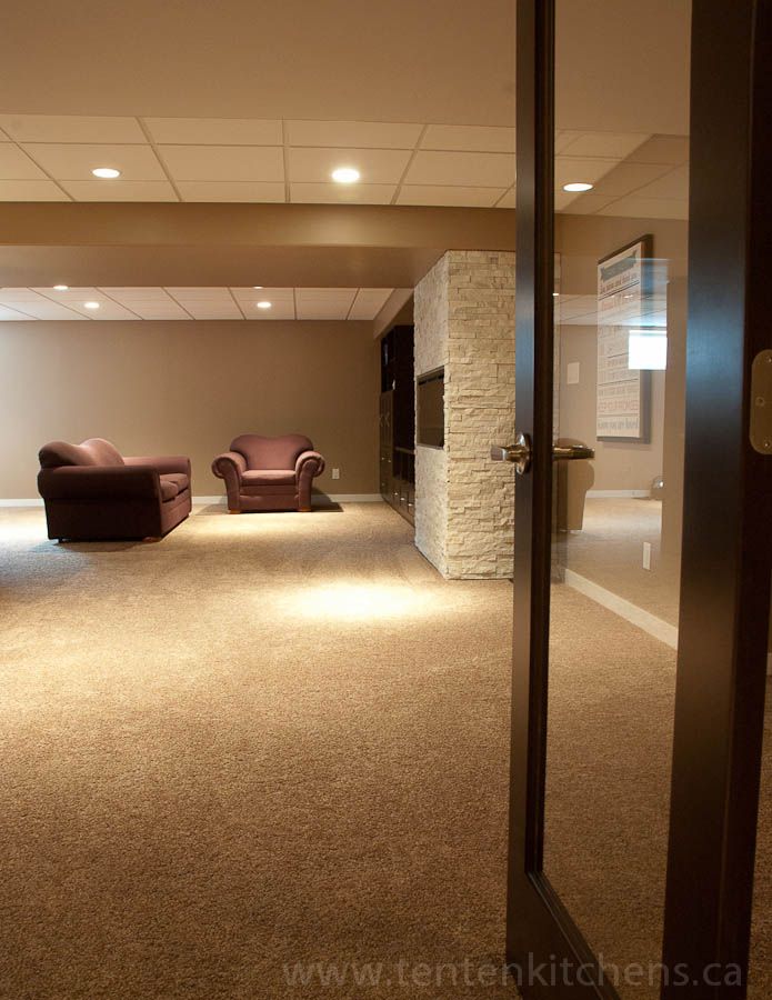 A view through a glass-paneled door into a carpeted basement with two purple armchairs, a stone fireplace, and beige walls.