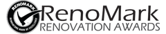 Logo for the RenoMark Renovation Awards featuring a checkmark with a hammer silhouette inside a circular border.
