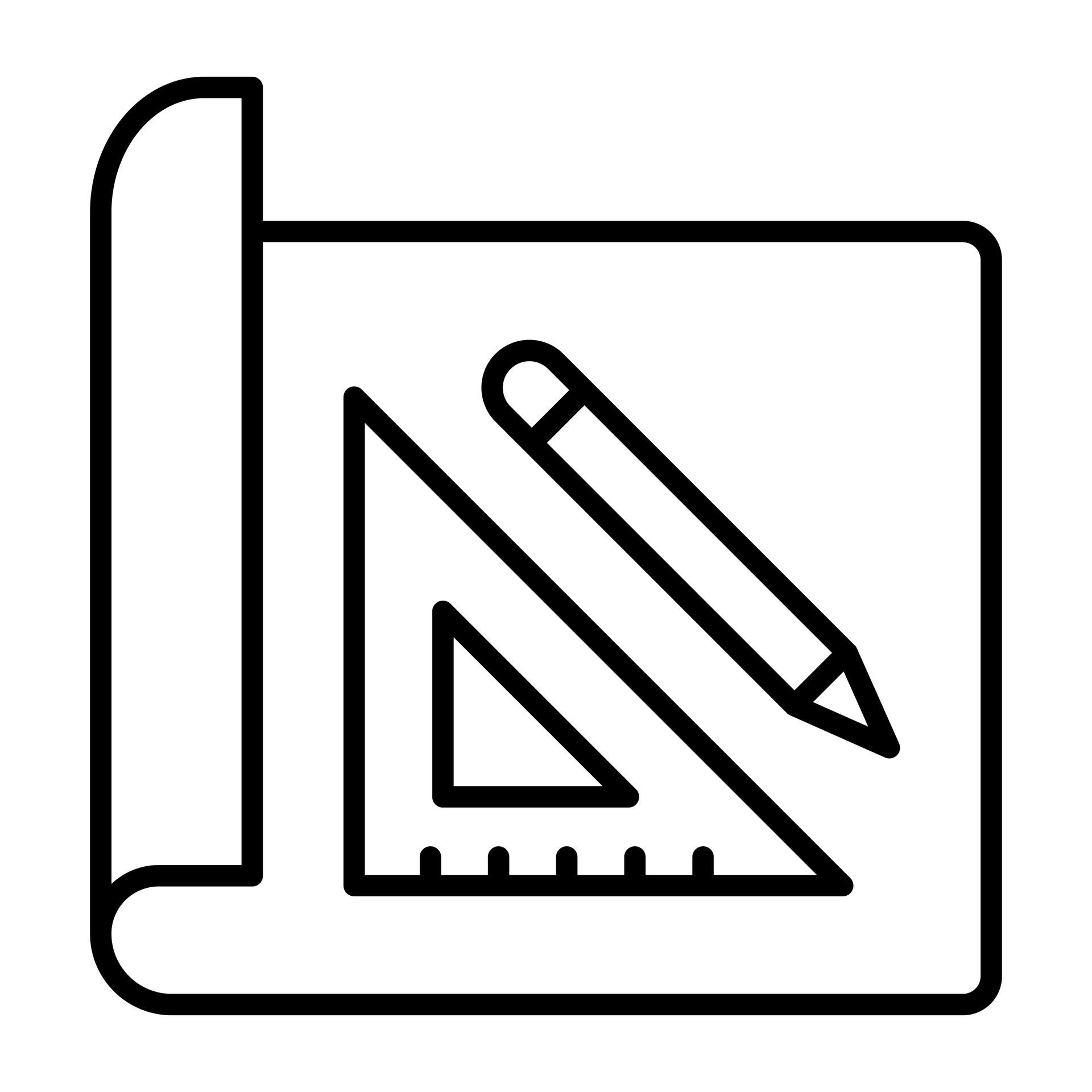 A line icon showing a pencil and a triangle ruler resting on top of a blueprint.