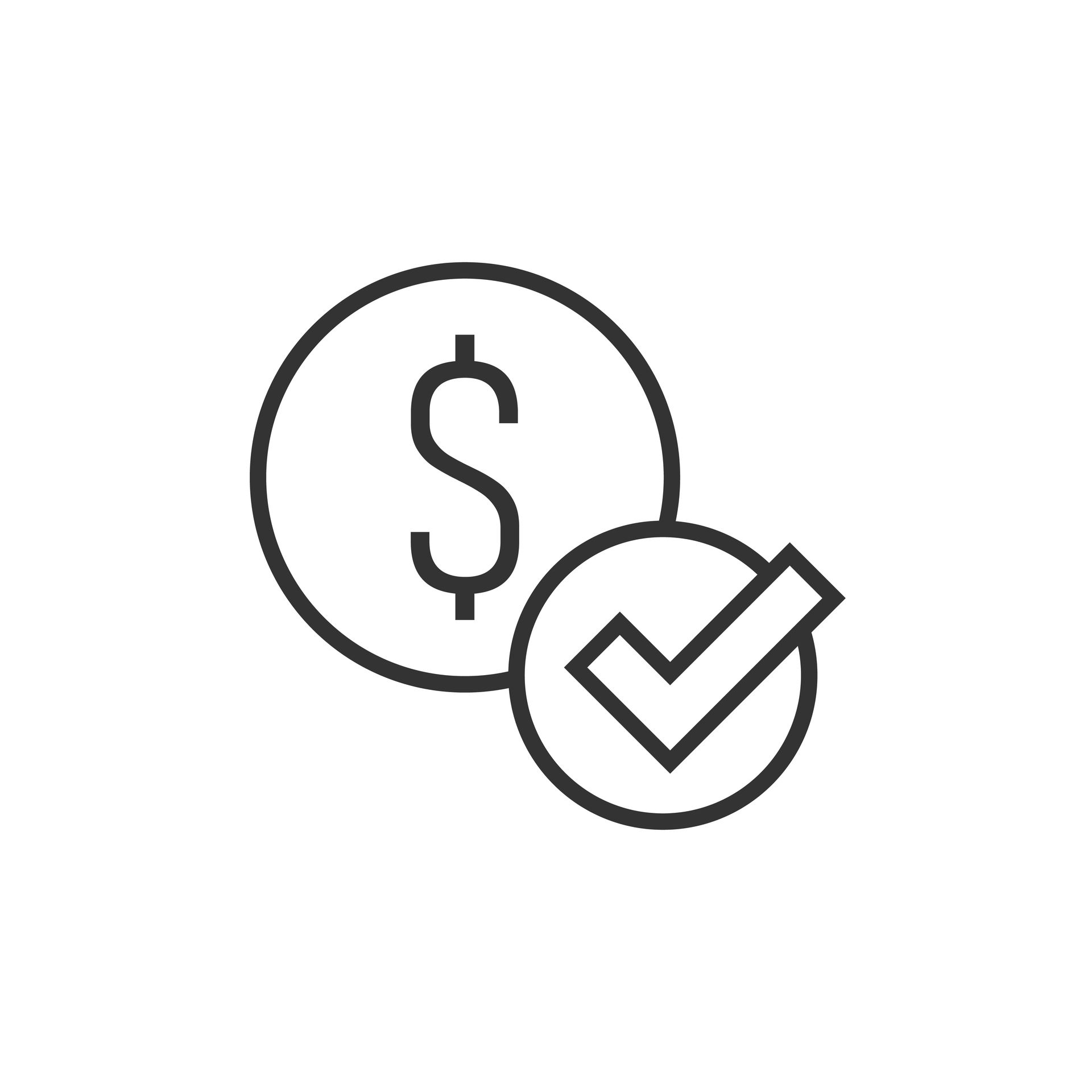 A line icon of a dollar sign inside a circle, overlapping a smaller circle with a checkmark.