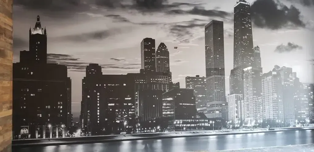 Black-and-white city skyline at night with illuminated skyscrapers and water in the foreground