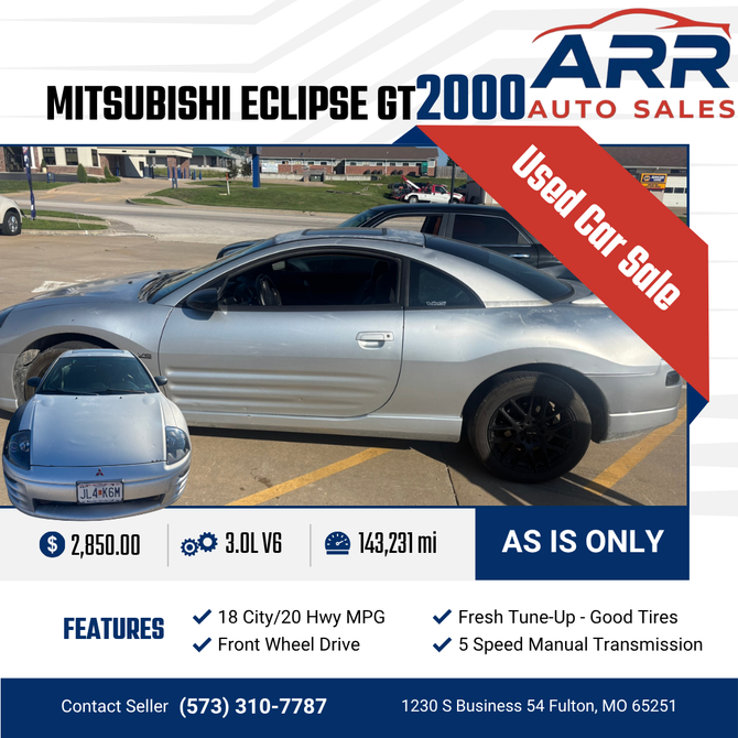 2000 Mitsubishi Eclipse GT for sale at ARR Auto Sales for $2,850 with 143,231 miles. Contact: (573) 310-7787.