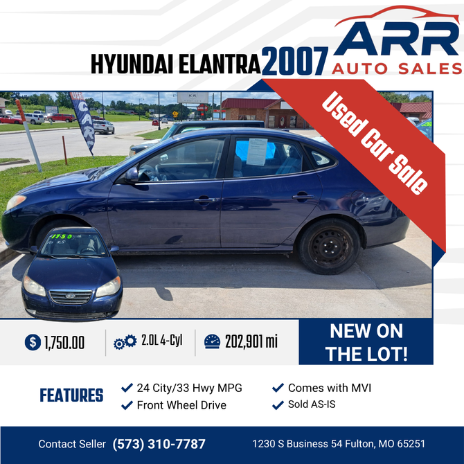 2007 Hyundai Elantra for sale at ARR Auto Sales for $1,750 with 202,901 miles. Contact: (573) 310-7787.
