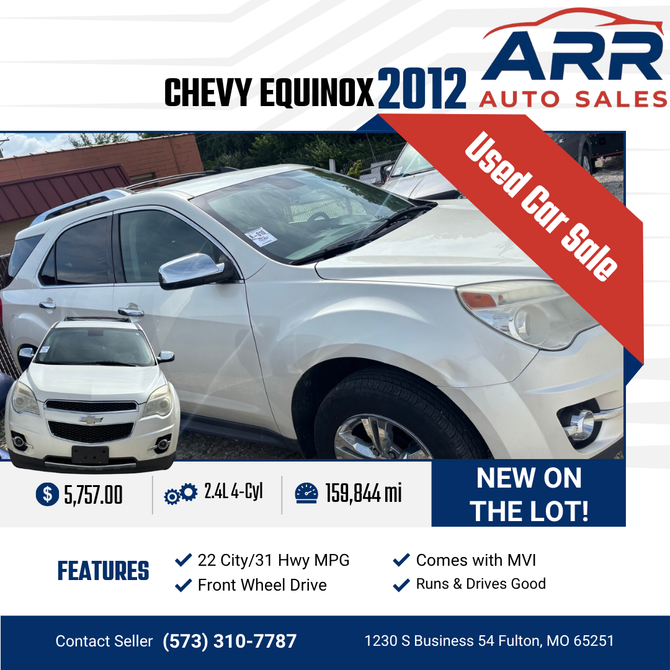 2012 Chevy Equinox for sale at ARR Auto Sales for $5,757 with 159,844 miles. Contact: (573) 310-7787.