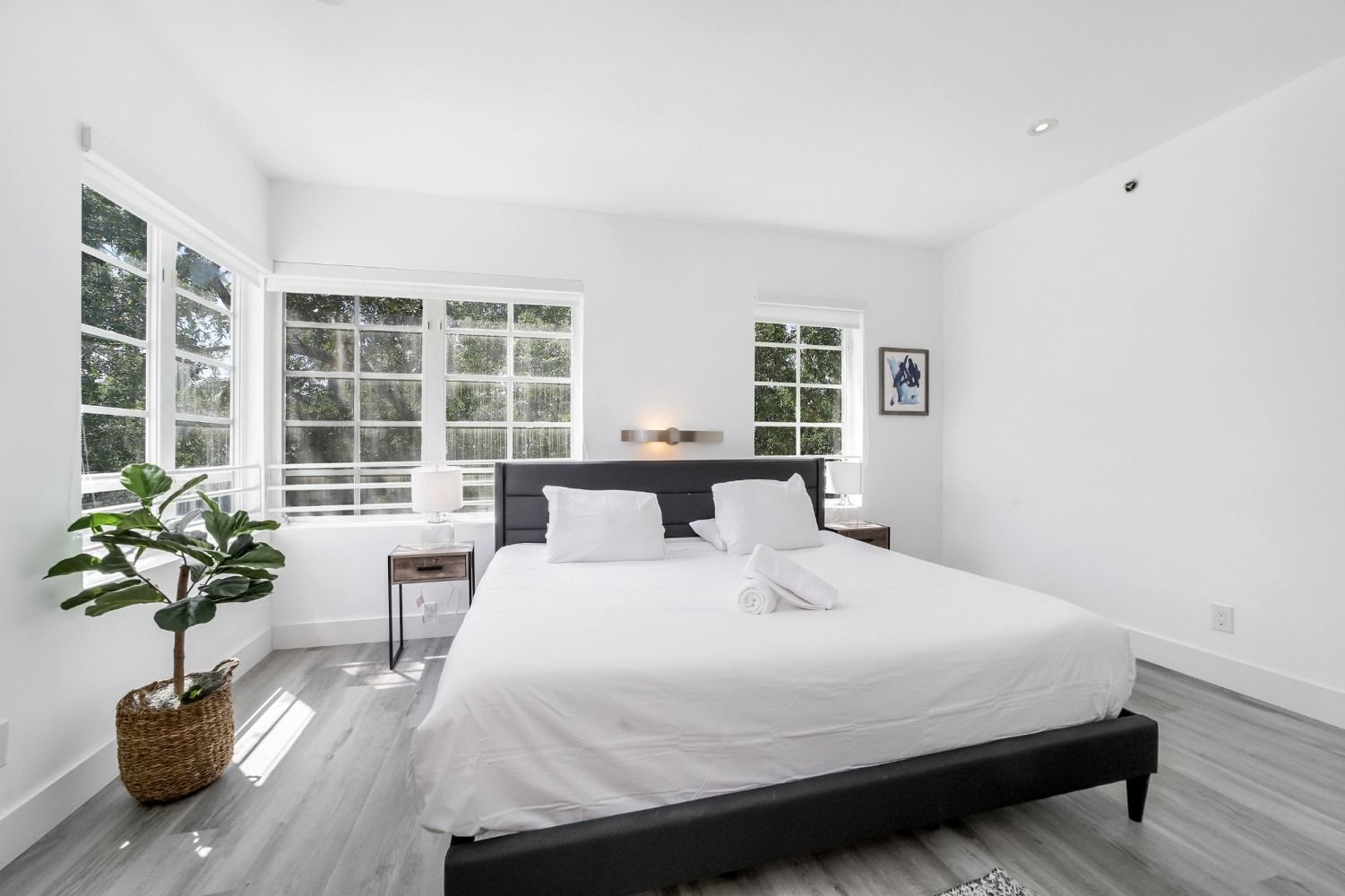 Bedroom with a white bed, large windows, and a plant in a wicker basket.