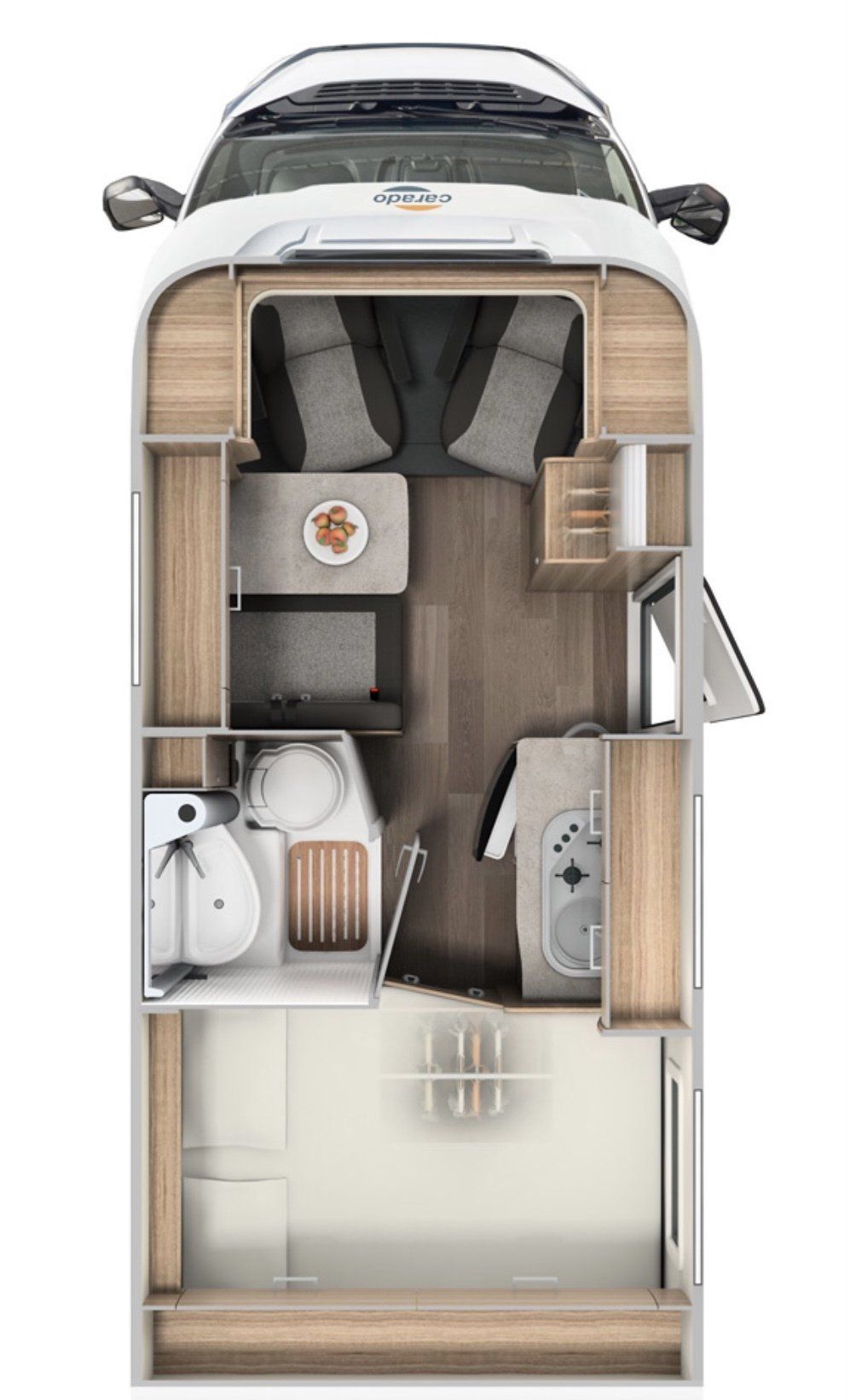 Ein 3D-Modell eines Wohnmobils mit Tisch, Spüle und Couch.