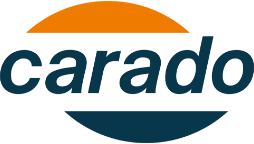 The carado logo is orange and blue with a circle in the middle.