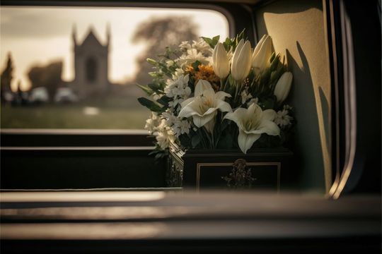 White lilies and greenery in a car window with a blurred church in the background