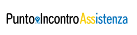 Logo con la scritta “PuntoIncontroAssistenza” in nero, blu e giallo su sfondo bianco.