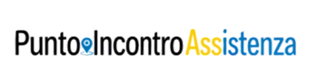 Logo con la scritta “PuntoIncontroAssistenza” in nero, blu e giallo su sfondo bianco.